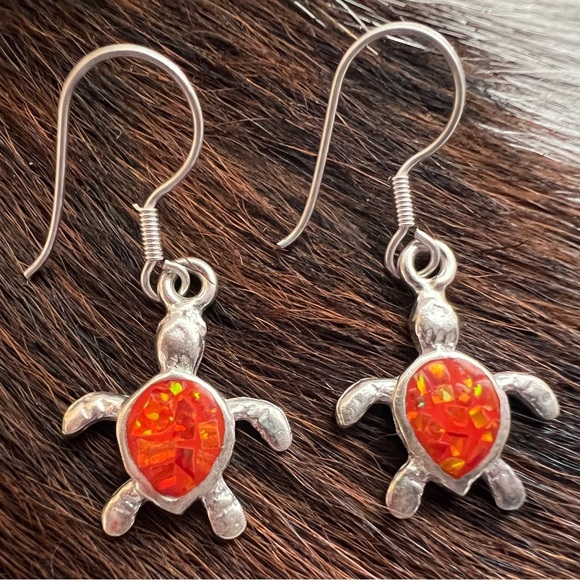 Navajo Jewelry - ❤️ Orange Opal Turtle TAXCO 950 Sterling Silver Earrings 1.11”L x .56”W